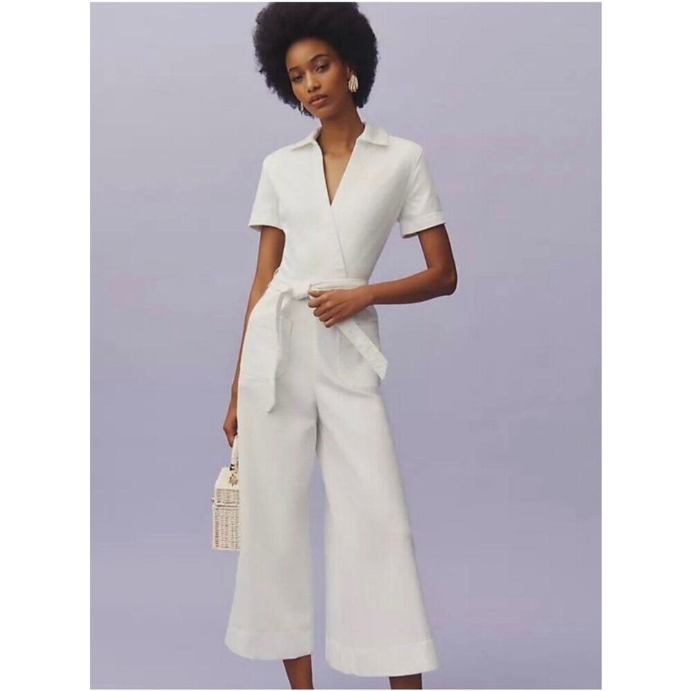 Anthropologie NWOT The Colette Wrap Jumpsuit by Maeve: Linen Edition Cream Sz:10